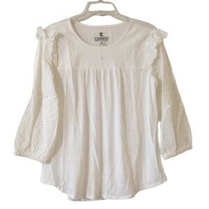 NWT Cupid Women's Top Small Ivory 3/4 Ruffle Cap Sleeve Eyelet Bodice & Sleeves
